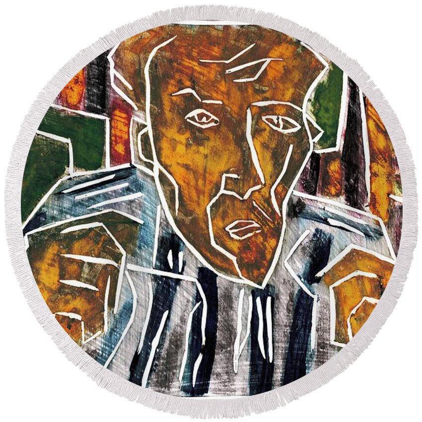 Face Round Beach Towel featuring the relief Fists Portrait 3 by Edgeworth Johnstone