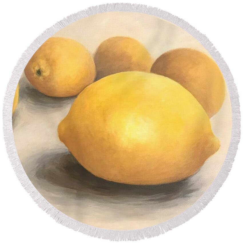 Lemon Round Beach Towel featuring the painting Five Lemons by Torrie Smiley