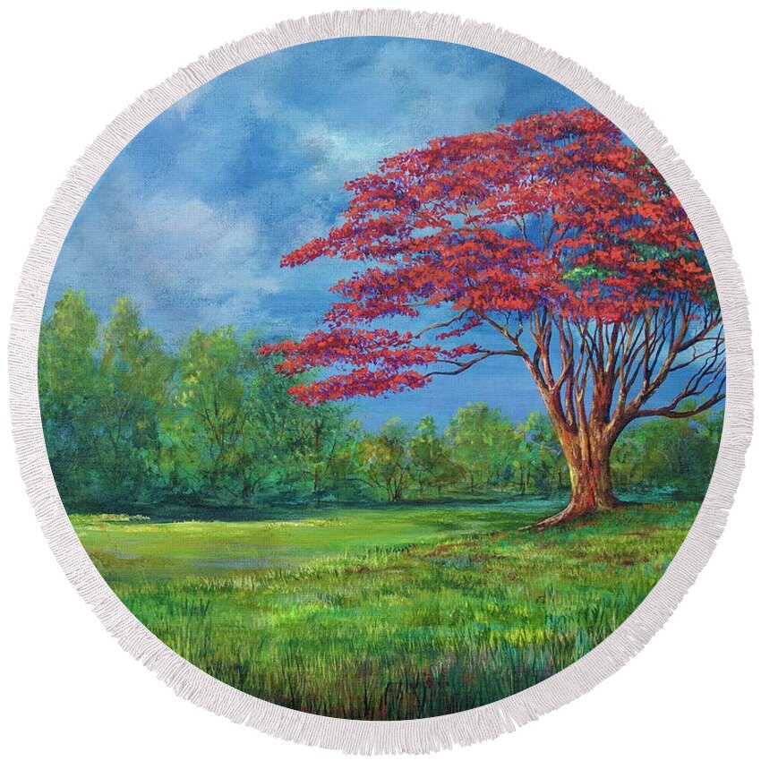 Flame Tree Round Beach Towel featuring the painting Flame Tree by AnnaJo Vahle