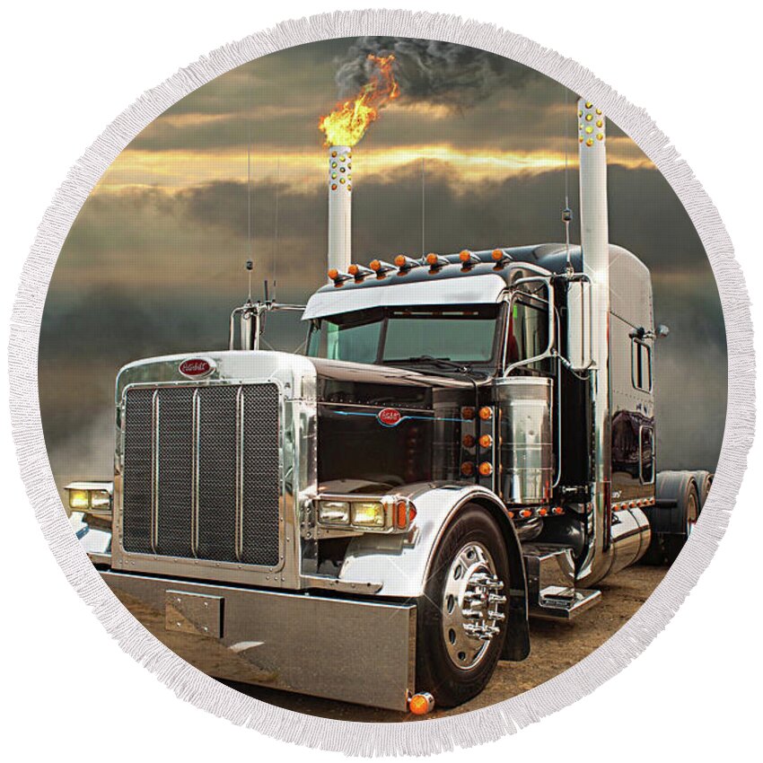 Big Rigs Round Beach Towel featuring the photograph Flaming Pipes by Randy Harris