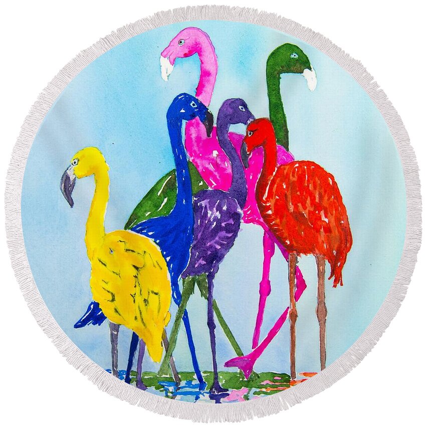 Flamingo Round Beach Towel featuring the painting Flamingo Colorplay by Margaret Zabor