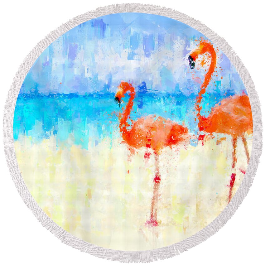 Flamingos Round Beach Towel featuring the painting Flamingos by Vart Studio