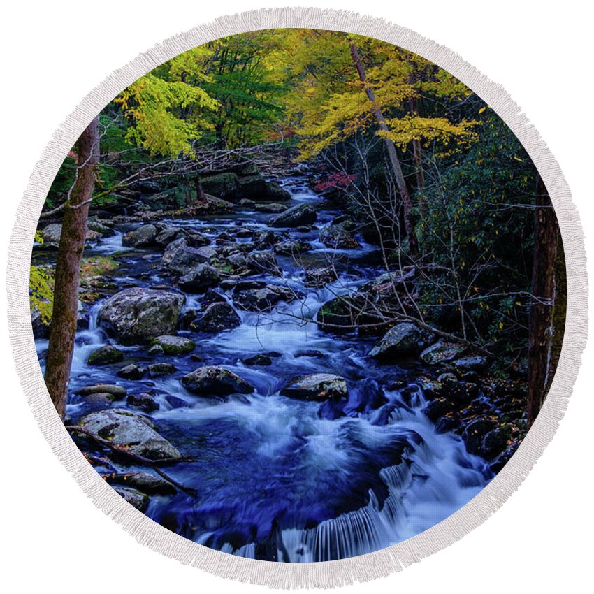 Fall Colors And Waterfall Round Beach Towel featuring the photograph Flat Rock On Tremont by Johnny Boyd