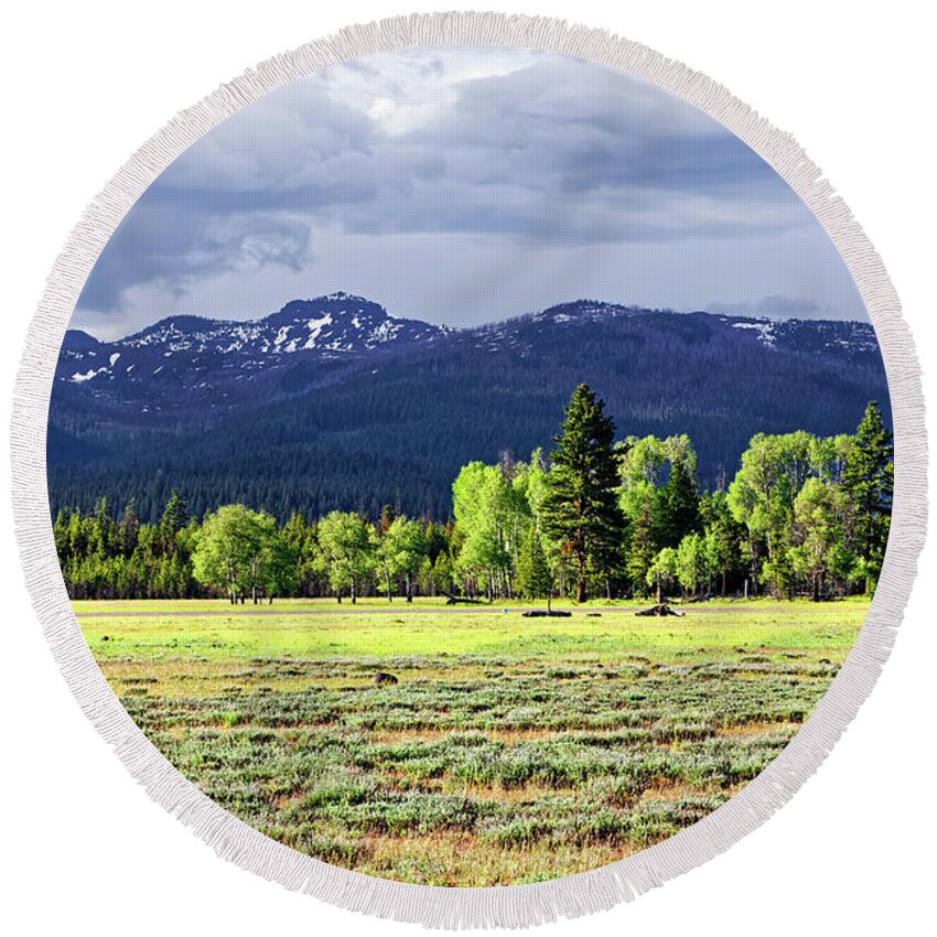 Wide Open Spaces Round Beach Towel featuring the photograph Flat Wide Lush Green Prairie Beautiful Sun Sunshine Mixed Trees On Edge Snowy Mountains Background by Robert C Paulson Jr
