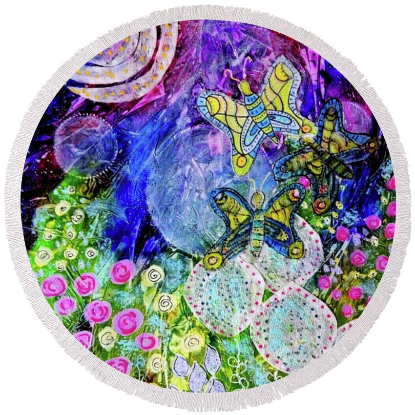 Luna Round Beach Towel featuring the mixed media Flight of the Lunar Moths by Mimulux Patricia No