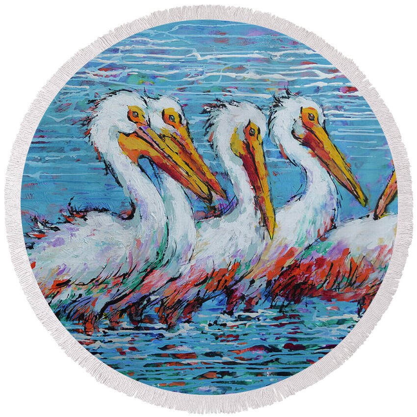 Round Beach Towel featuring the painting Flock Of White Pelicans by Jyotika Shroff