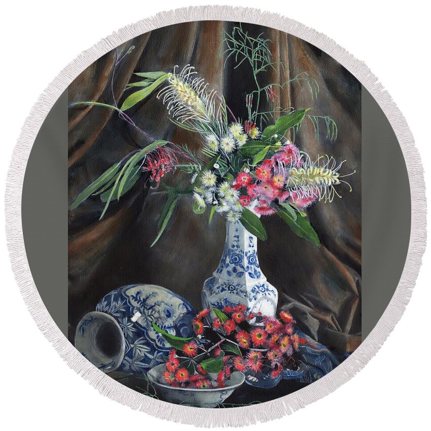 Still Life Round Beach Towel featuring the painting Floral Arrangement by John Neeve