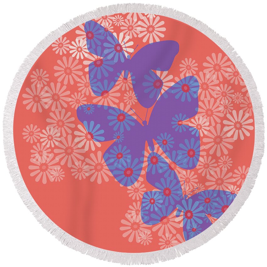 Butterfly Round Beach Towel featuring the digital art Floral Butterflies in Purple and Liiving Coral by Marianne Campolongo
