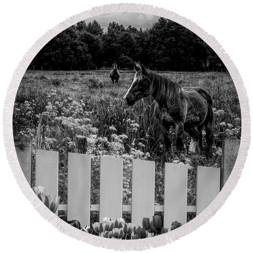Barn Round Beach Towel featuring the photograph Floral Farmland in Black and White by Debra and Dave Vanderlaan