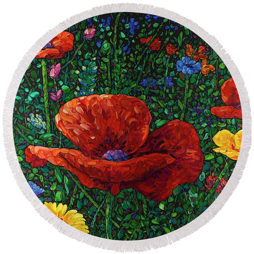 Flowers Round Beach Towel featuring the painting Floral Interpretation - Poppy by James W Johnson