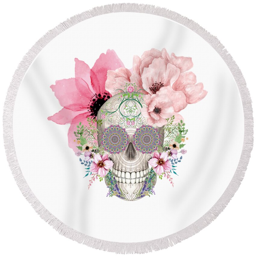 Floral Round Beach Towel featuring the photograph Floral Skull by Nina Ficur Feenan