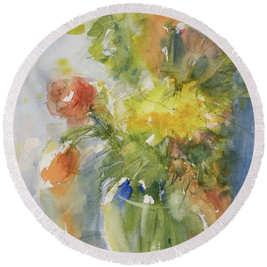 Watercolor Round Beach Towel featuring the painting Floral Still life by Judith Levins