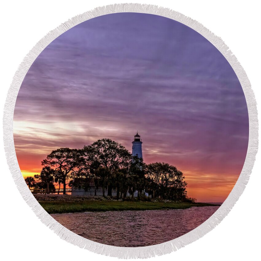 Landscapes Round Beach Towel featuring the photograph Florida Coastal Landmark at Sunrise by DB Hayes