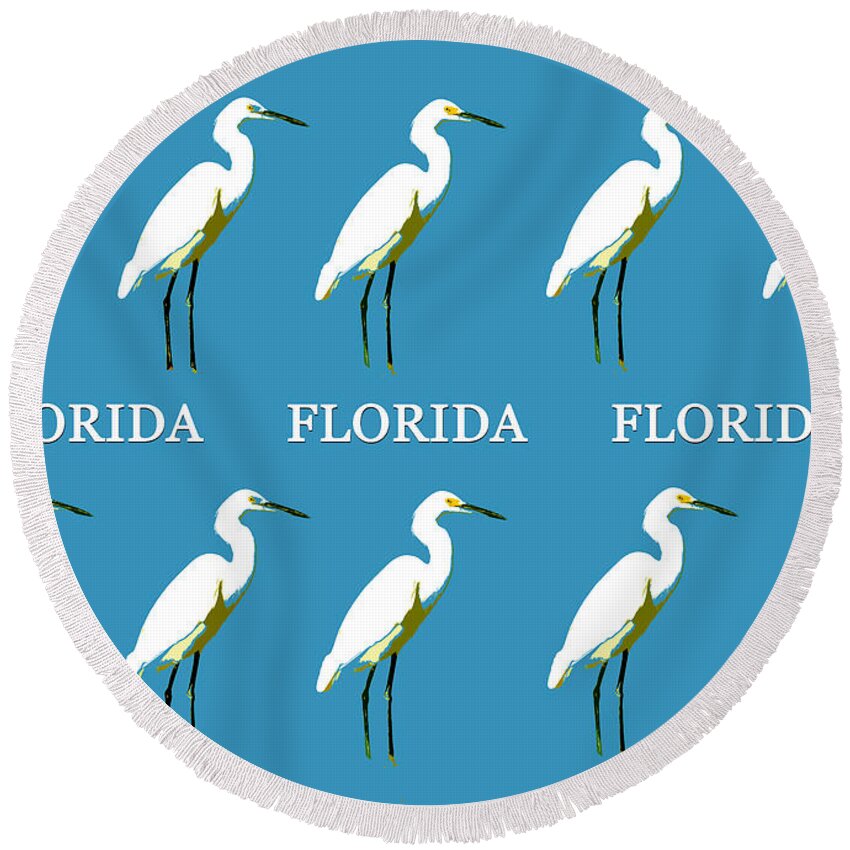 Florida Round Beach Towel featuring the mixed media Florida Egrets work A by David Lee Thompson