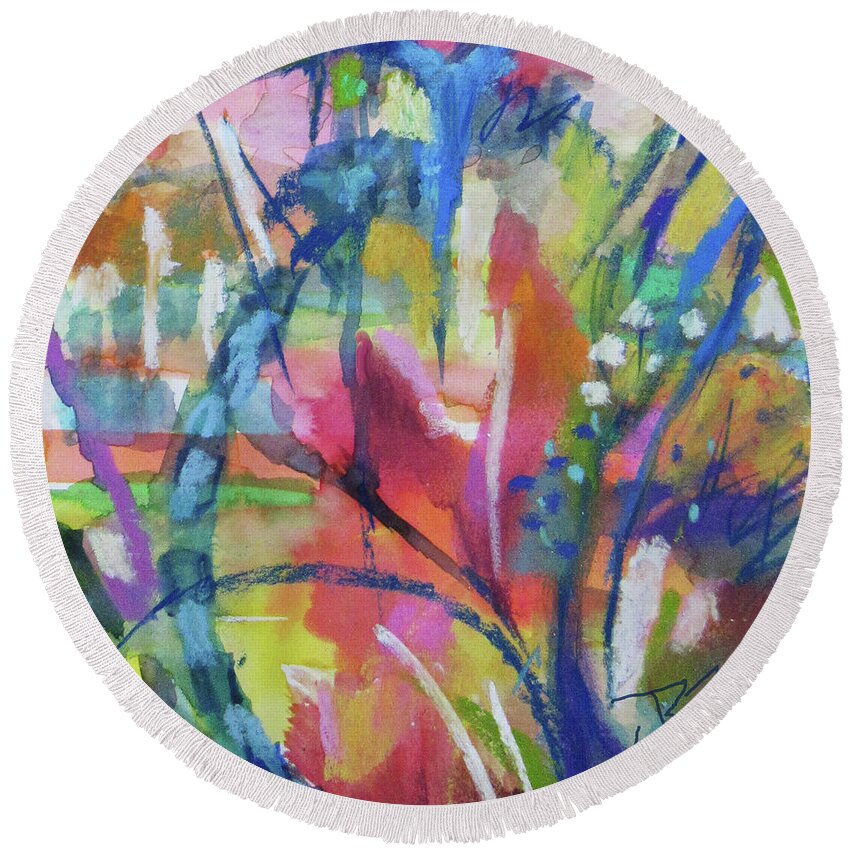 Abstract Flower Round Beach Towel featuring the mixed media Flower Intensive - Detail by Jean Batzell Fitzgerald