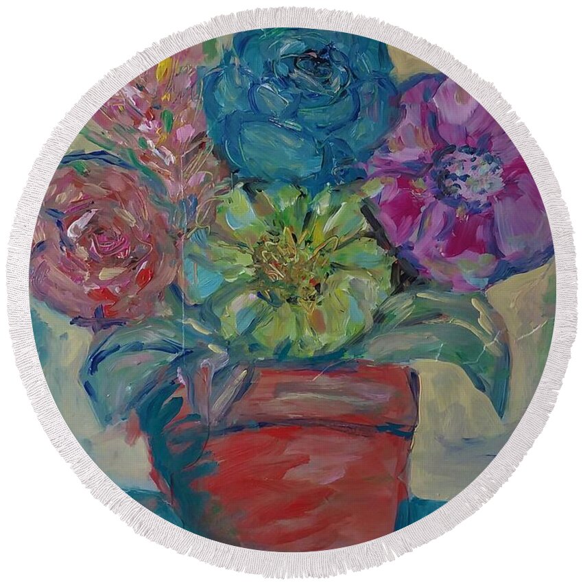 Loose Brush Work Round Beach Towel featuring the painting Flowers in a Clay Pot by Deborah Nell