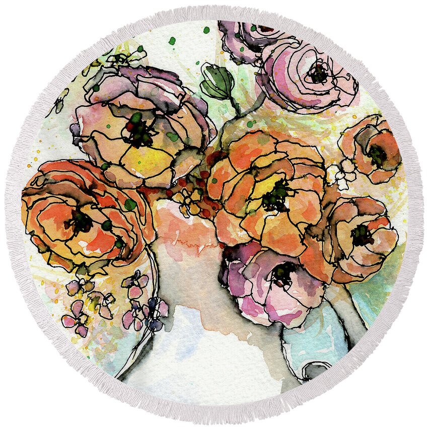 Watercolor Round Beach Towel featuring the painting Flowers in Pitcher by AnneMarie Welsh