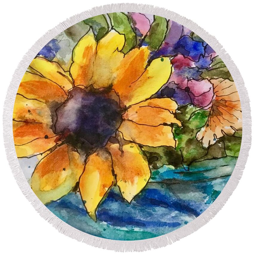Sunflower Round Beach Towel featuring the painting Flowers in Water by Cheryl Wallace