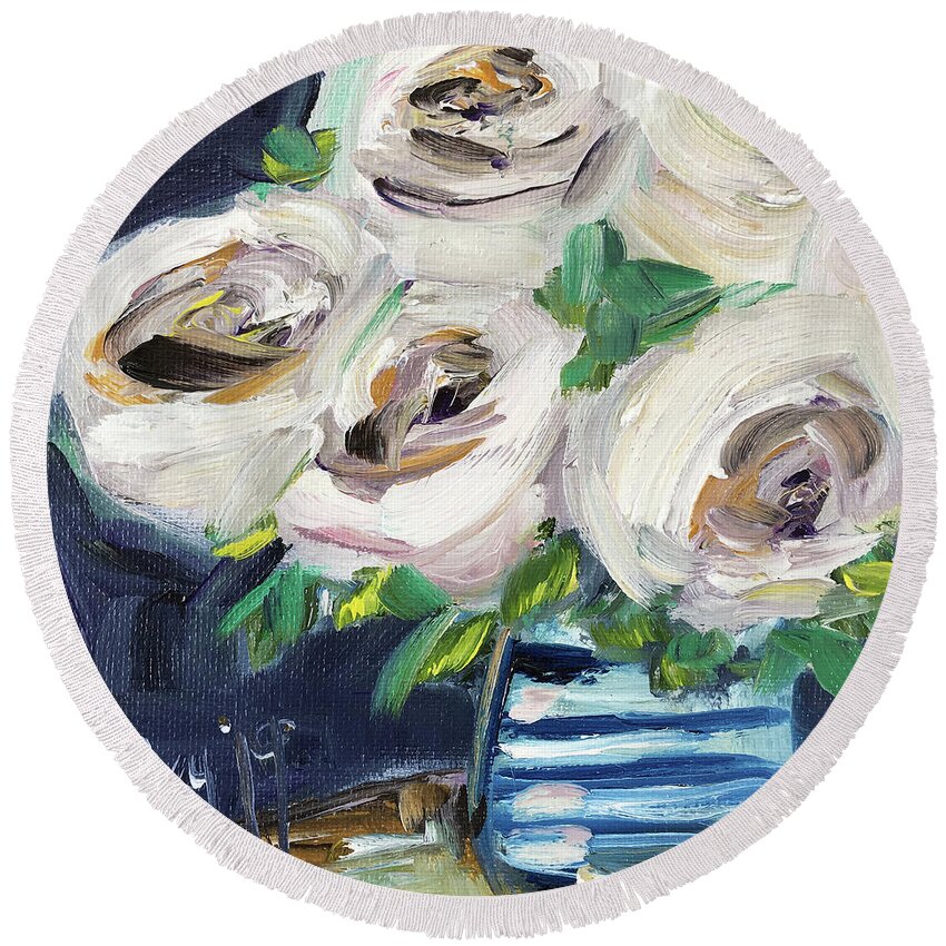 Roses Round Beach Towel featuring the painting Fluffy White Roses by Roxy Rich
