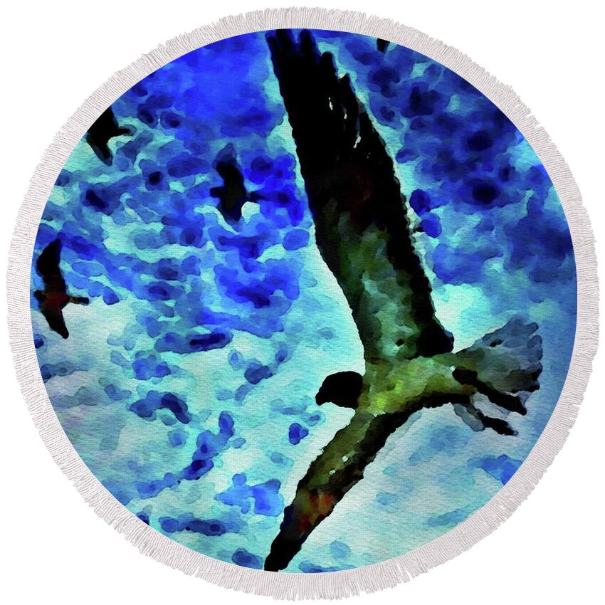 Painting Of Flying Seagulls In The Blue Sky Round Beach Towel featuring the painting Flying Seagulls by Joan Reese