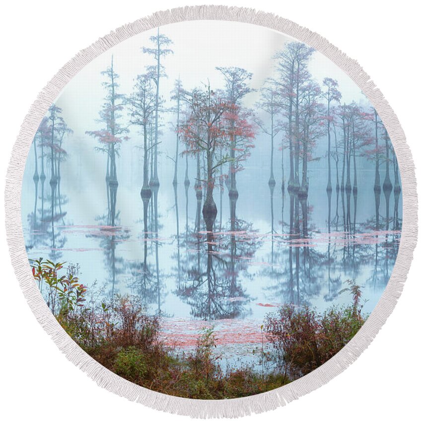 Abstract Round Beach Towel featuring the photograph Fog over Cypress Lake by Alex Mironyuk