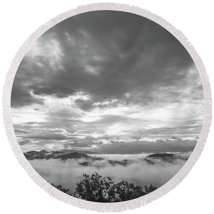 Smoky Mountains Round Beach Towel featuring the photograph Foggy Mountain Morning by Mike Eingle