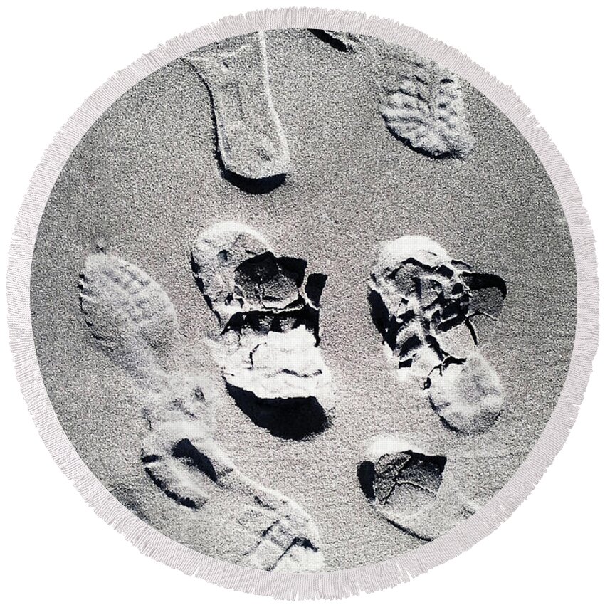 Footprints Round Beach Towel featuring the photograph Footprint Crush by Rebecca Harman