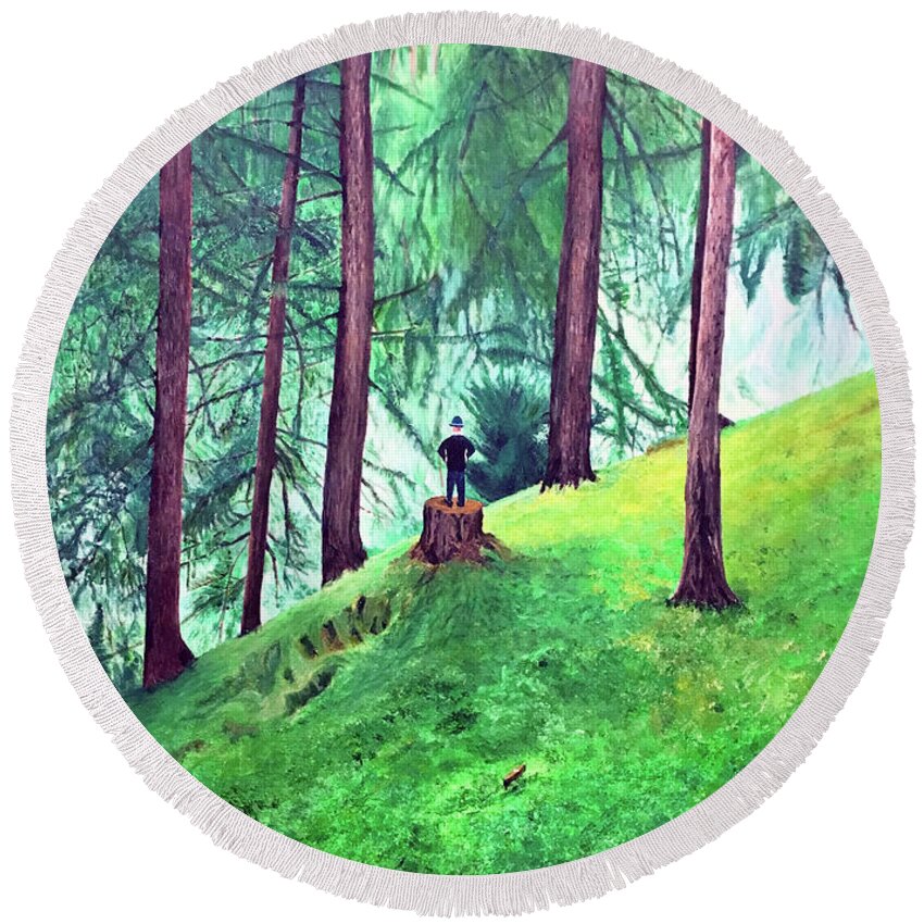Green Forest Round Beach Towel featuring the painting Forest Through The Trees by Thomas Blood