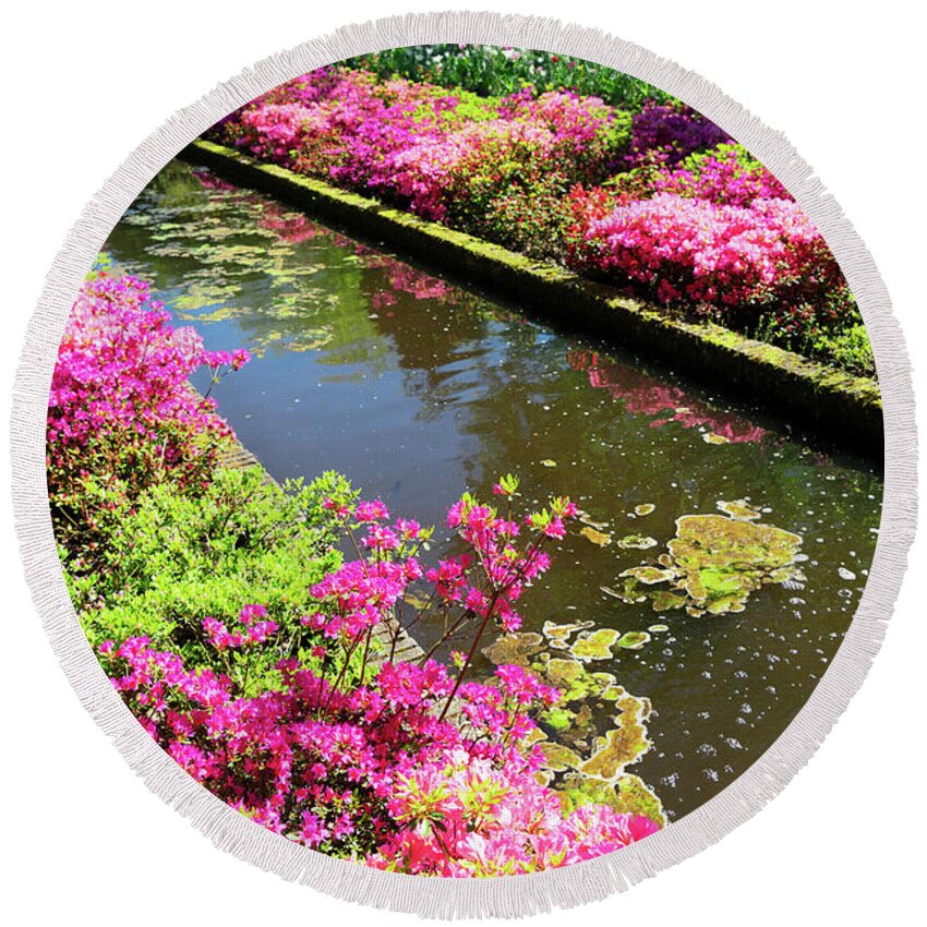 Garden Round Beach Towel featuring the photograph Pink Rododendron Flowers by Anastasy Yarmolovich