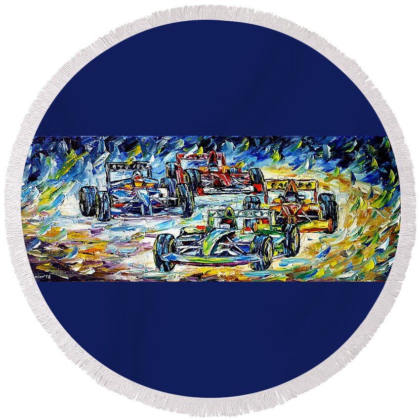 Formula One Round Beach Towel featuring the painting Formula 1 by Mirek Kuzniar