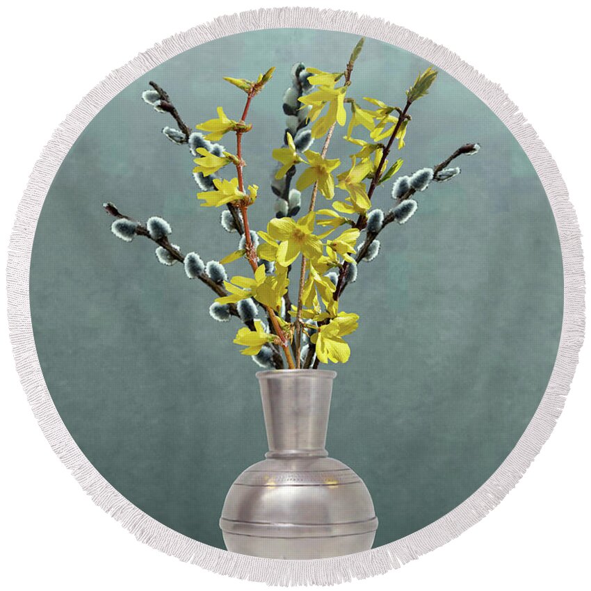 Flowers Round Beach Towel featuring the digital art Forsythia and Pussy Willow by M Spadecaller