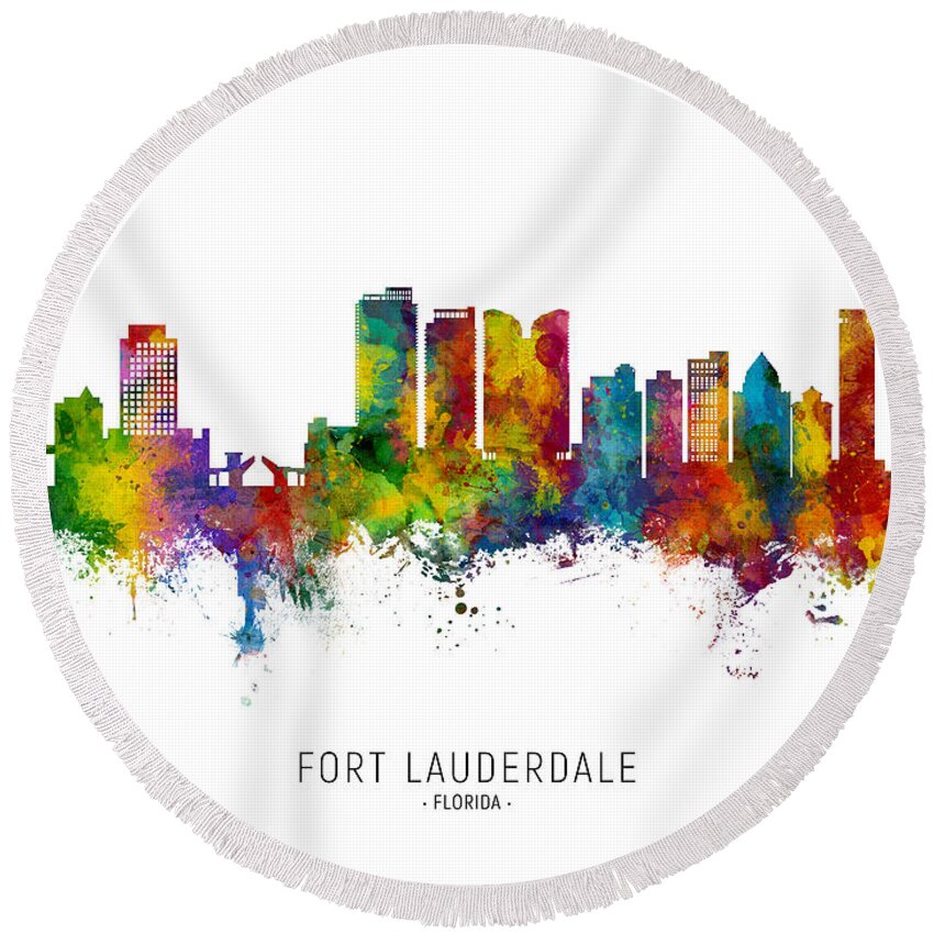 Fort Lauderdale Round Beach Towel featuring the digital art Fort Lauderdale Florida Skyline by Michael Tompsett