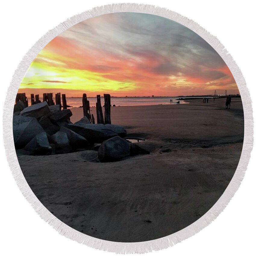 Fort Moultrie Round Beach Towel featuring the photograph Fort Moultrie Sunset by Sherry Kuhlkin