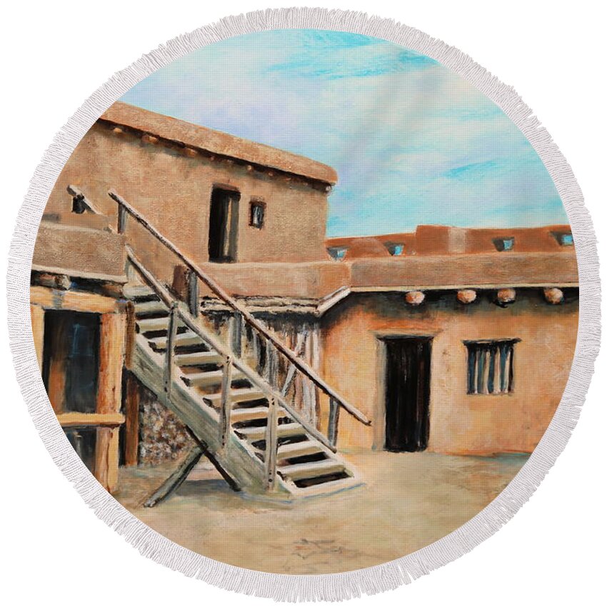 Fort Round Beach Towel featuring the painting Fortified Safe Haven by M Diane Bonaparte