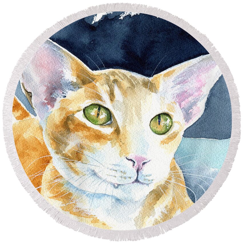 Peterbald Round Beach Towel featuring the painting Fox Peterbald Cat Painting by Dora Hathazi Mendes