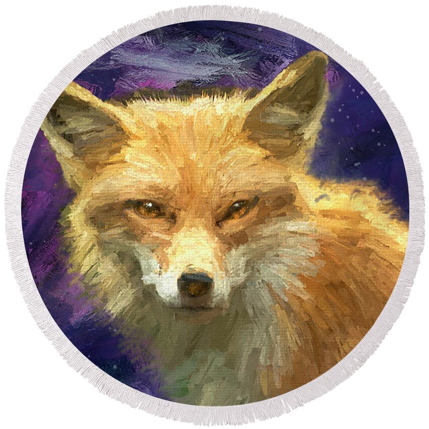 Fox Round Beach Towel featuring the painting Foxie by Jeanette Mahoney