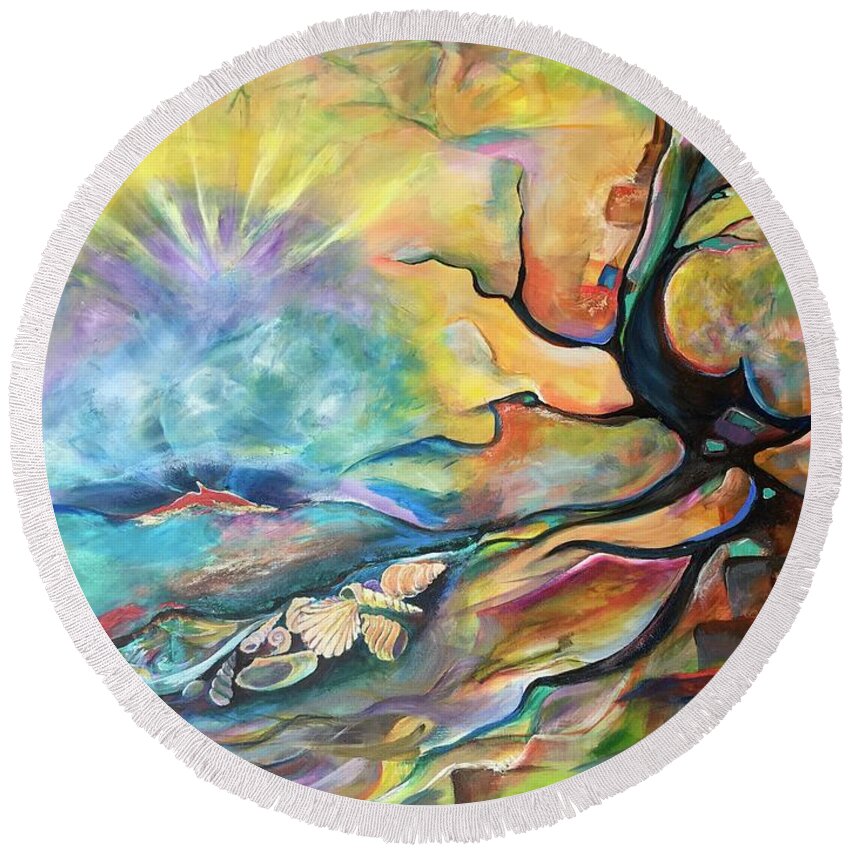 Art Round Beach Towel featuring the painting Fractured by Maria Karlosak