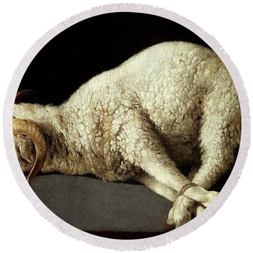 Agnus Dei (the Lamb Of God) Round Beach Towel featuring the painting Francisco de Zurbaran / 'Agnus Dei -The Lamb of God-', 1635-1640, Spanish School. by Francisco de Zurbaran -c 1598-1664-