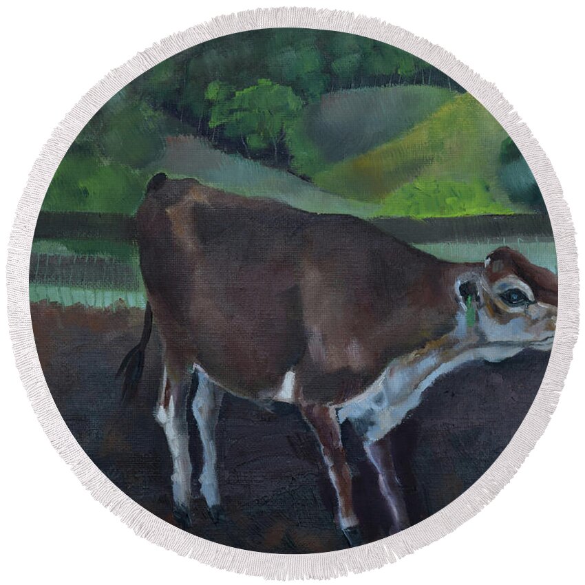 Baby Calf Round Beach Towel featuring the painting Franks Cow - Mountain Valley Farms by Jan Dappen