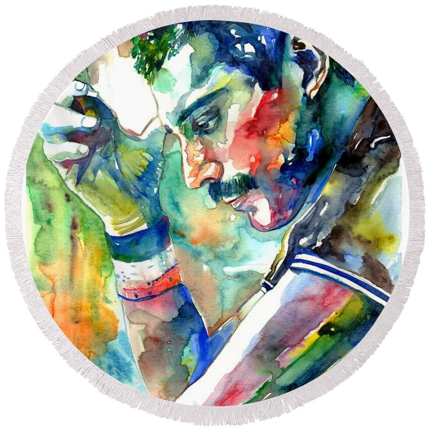 Freddie Mercury Round Beach Towel featuring the painting Freddie Mercury With Cigarette by Suzann Sines