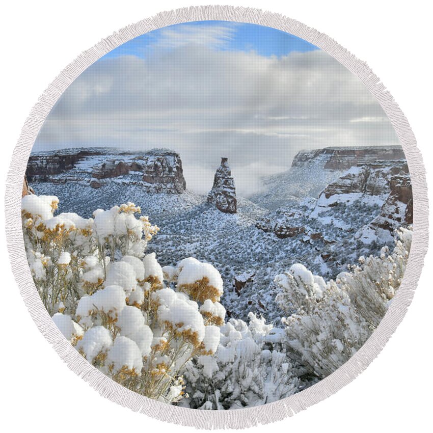 Colorado National Monument Round Beach Towel featuring the photograph Fresh Snow at Independence Canyon by Ray Mathis