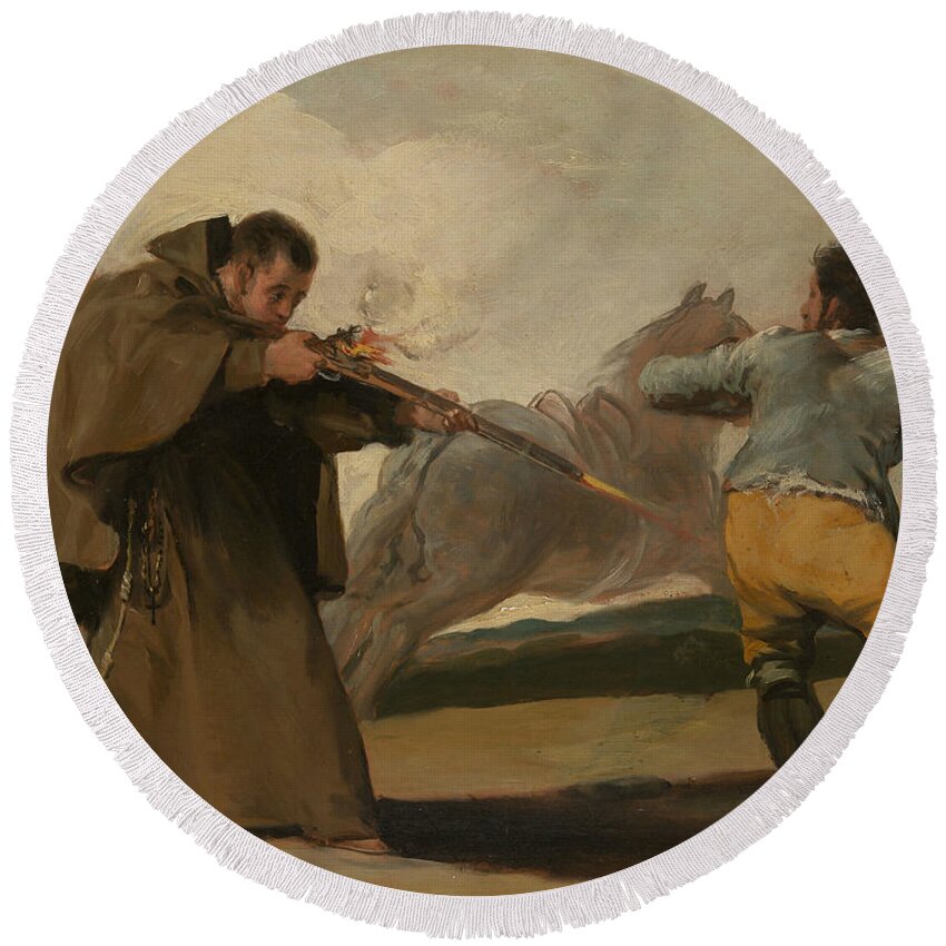 19th Century Art Round Beach Towel featuring the painting Friar Pedro Shoots El Maragato as His Horse Runs Off by Francisco Goya