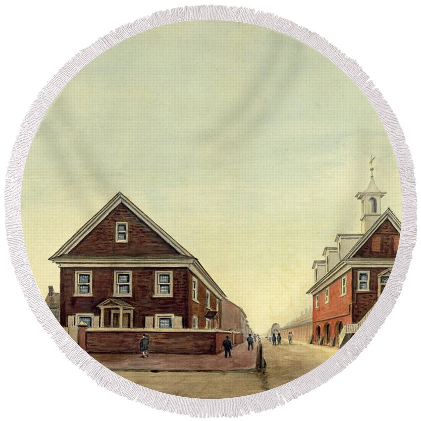 William Breton Round Beach Towel featuring the drawing Friends Meeting House and Old Courthouse by William Breton