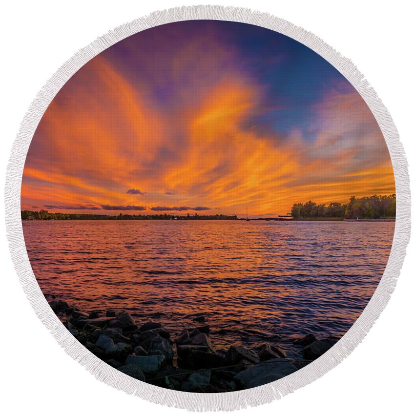 Blue Round Beach Towel featuring the photograph Frontenac Ferry Sunset by Roger Monahan