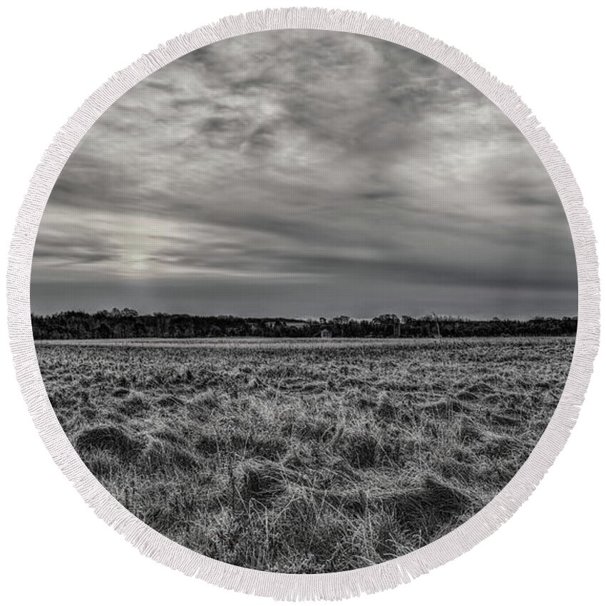Black And White Round Beach Towel featuring the photograph Frosty Hay Field Black And White by Dale Kauzlaric