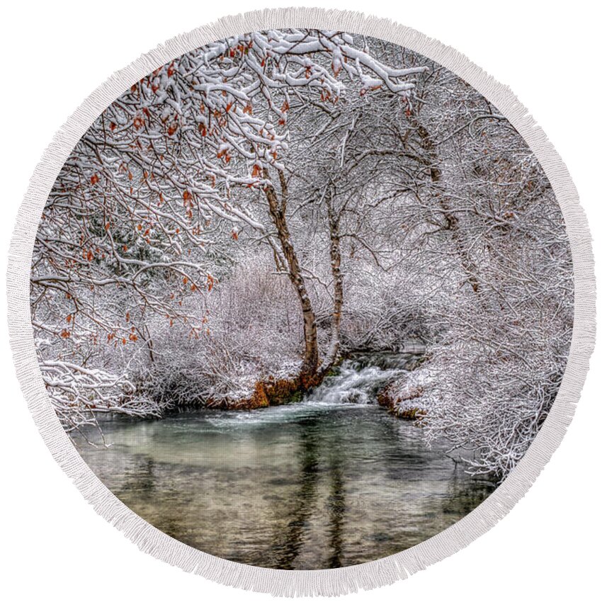 Frosty Round Beach Towel featuring the photograph Frosty Pond by Fiskr Larsen