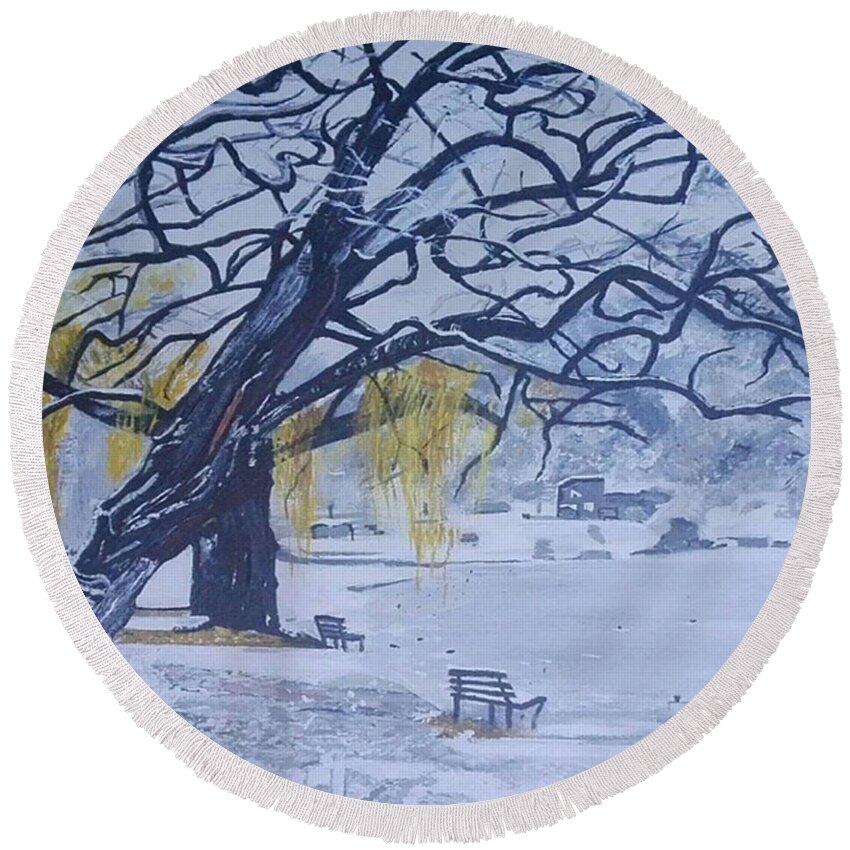 Acrylic Painting Round Beach Towel featuring the painting Frozen Lake by Denise Morgan
