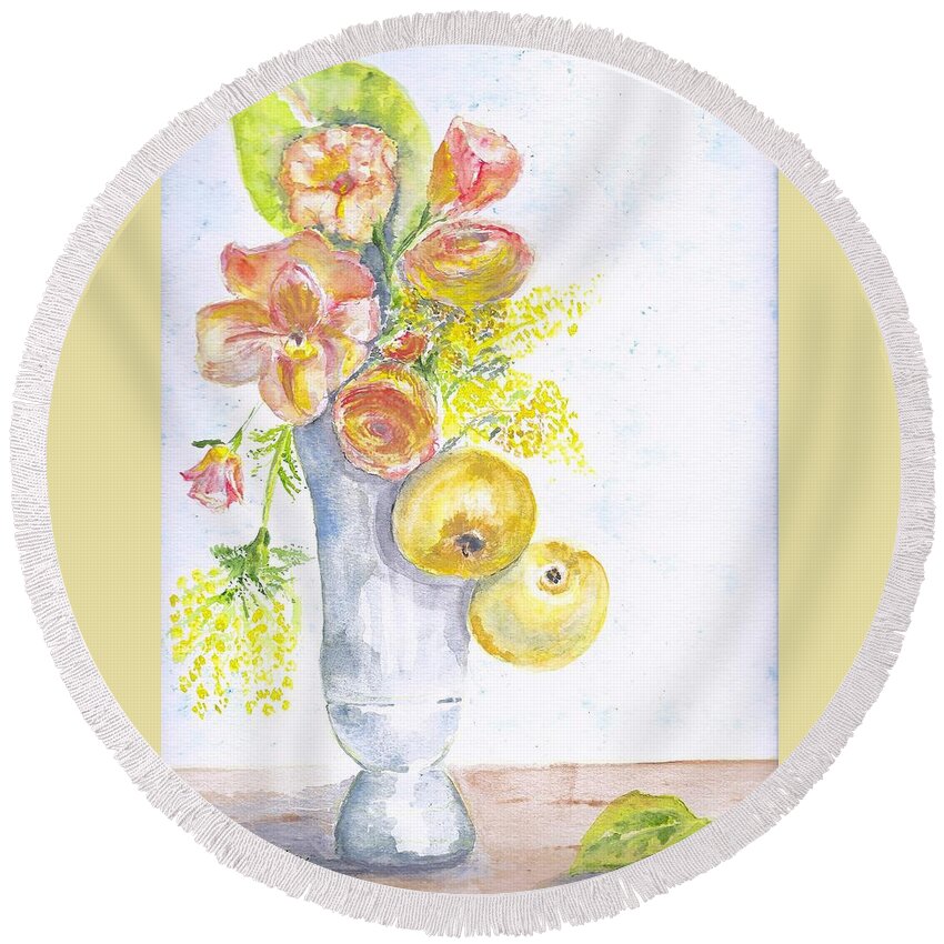 Fruit Round Beach Towel featuring the painting Fruit and Flowers by Claudette Carlton