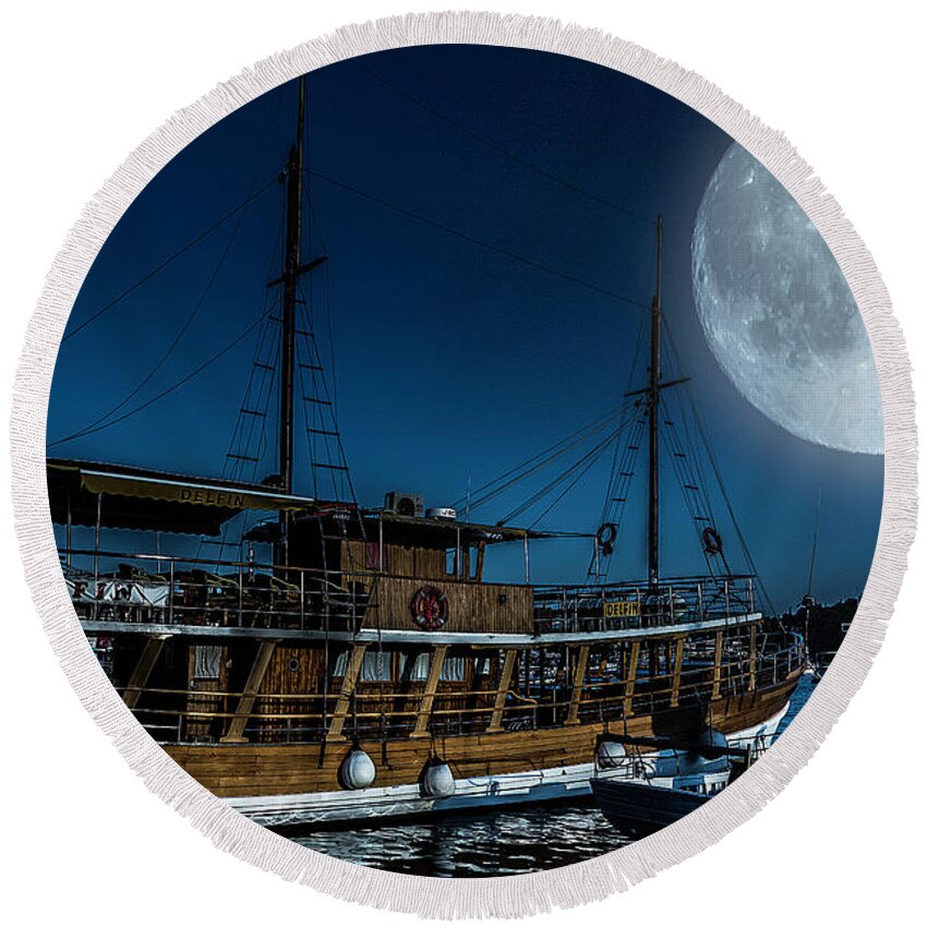 Composite Round Beach Towel featuring the photograph Full Moon over Rovinj's Harbor by Wolfgang Stocker