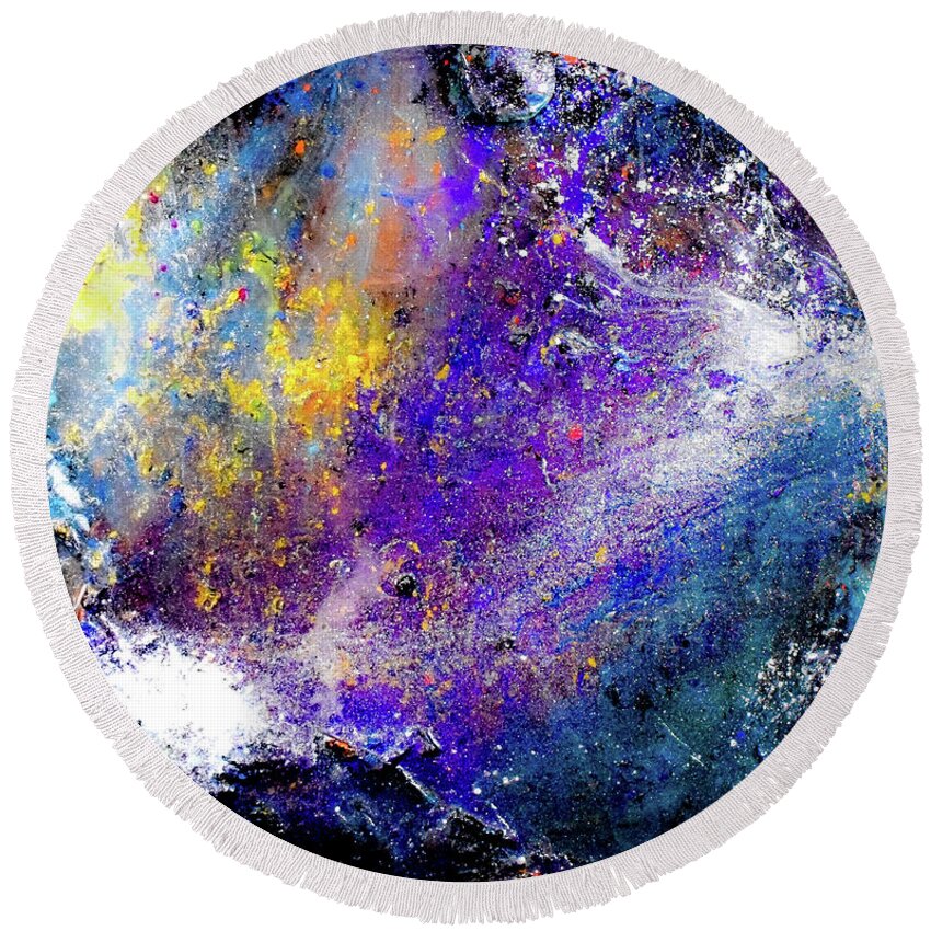 Galaxy Round Beach Towel featuring the mixed media Galactic Fusion by Patsy Evans - Alchemist Artist